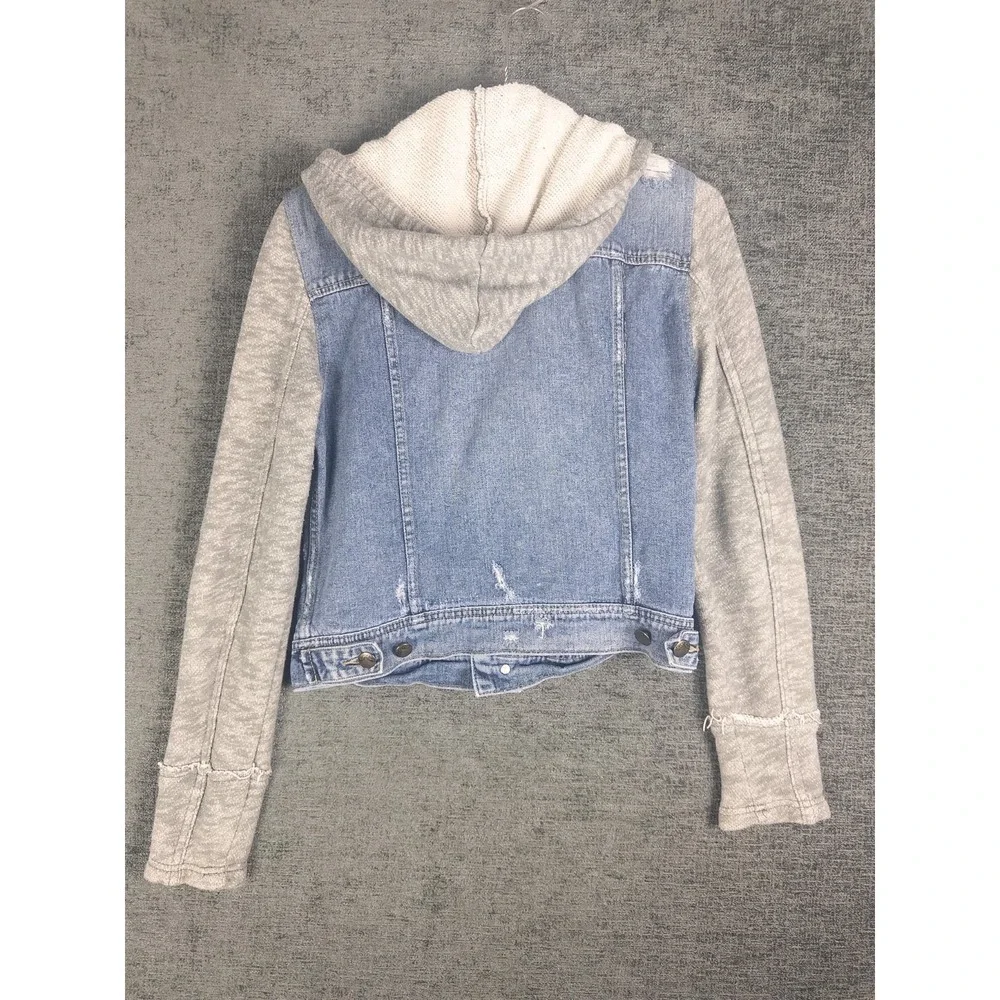 Free People Denim Jacket Womens M Blue Hooded Knit Indie Wash Casual Cotton - Picture 2 of 8